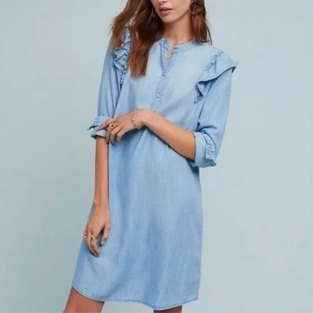 Cloth & Stone Dress Size Small Light Blue Chambray Ruffle Henley Tencel